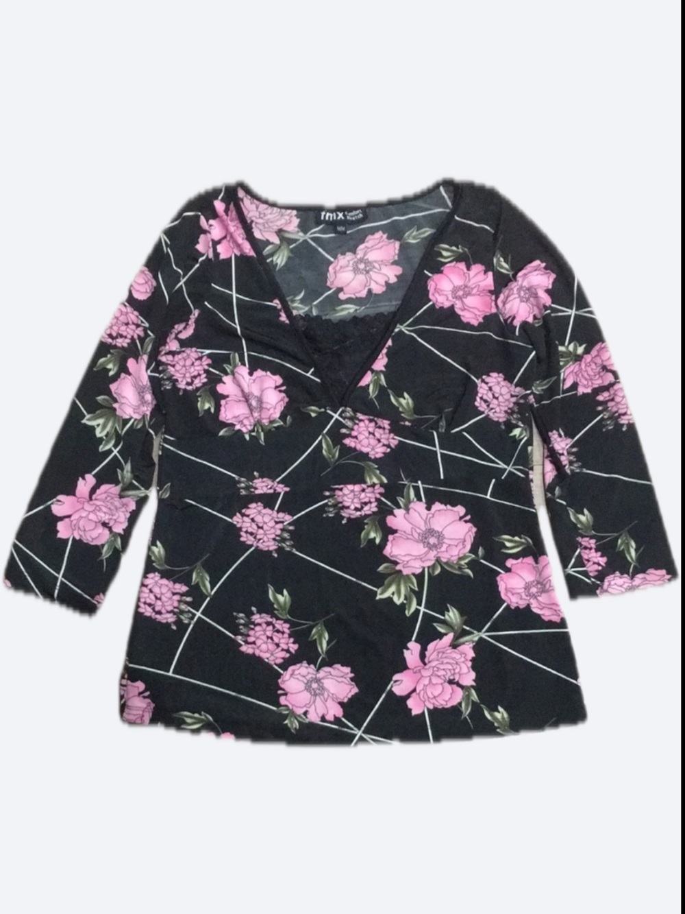 FMX Comfort Stretch Black Pink Floral Lace V-Neck 3/4 Sleeve Top Medium